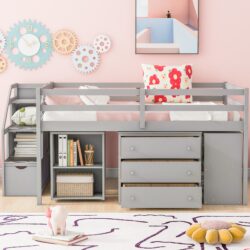 Full Size Loft Bed With Retractable Writing Desk And 3 Drawers With Storage Stairs And Shelves - Gray