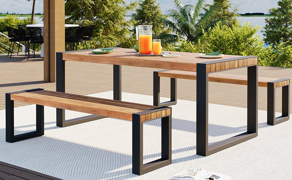 3 Pieces Outdoor Dining Table With 2 Benches, Patio Dining Set With Unique Top Texture, Acacia Wood Top & Steel Frame, All Weather Use, For Outdoor & Indoor - Natural - Image 3