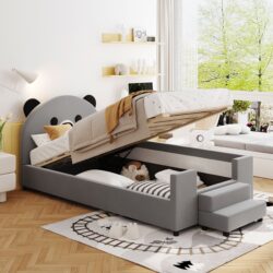 Twin Size Upholstered Daybed With Bear Shaped Headboard, Hydraulic System And Breathable Mesh Fence - Gray