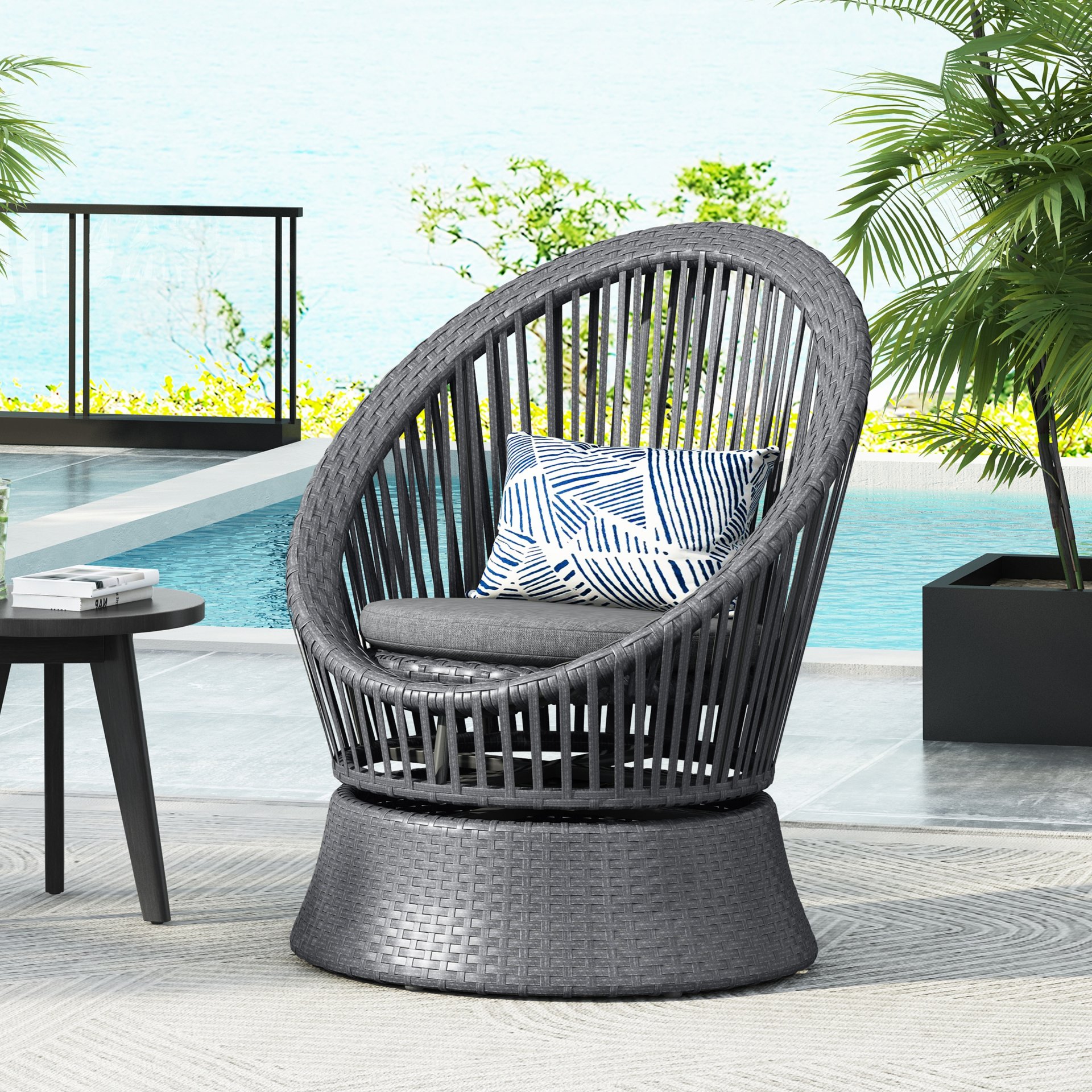 Modern Swivel Wicker Lounge Chair With Pe Rattan And Iron Frame, Round Design - Gray - Image 4