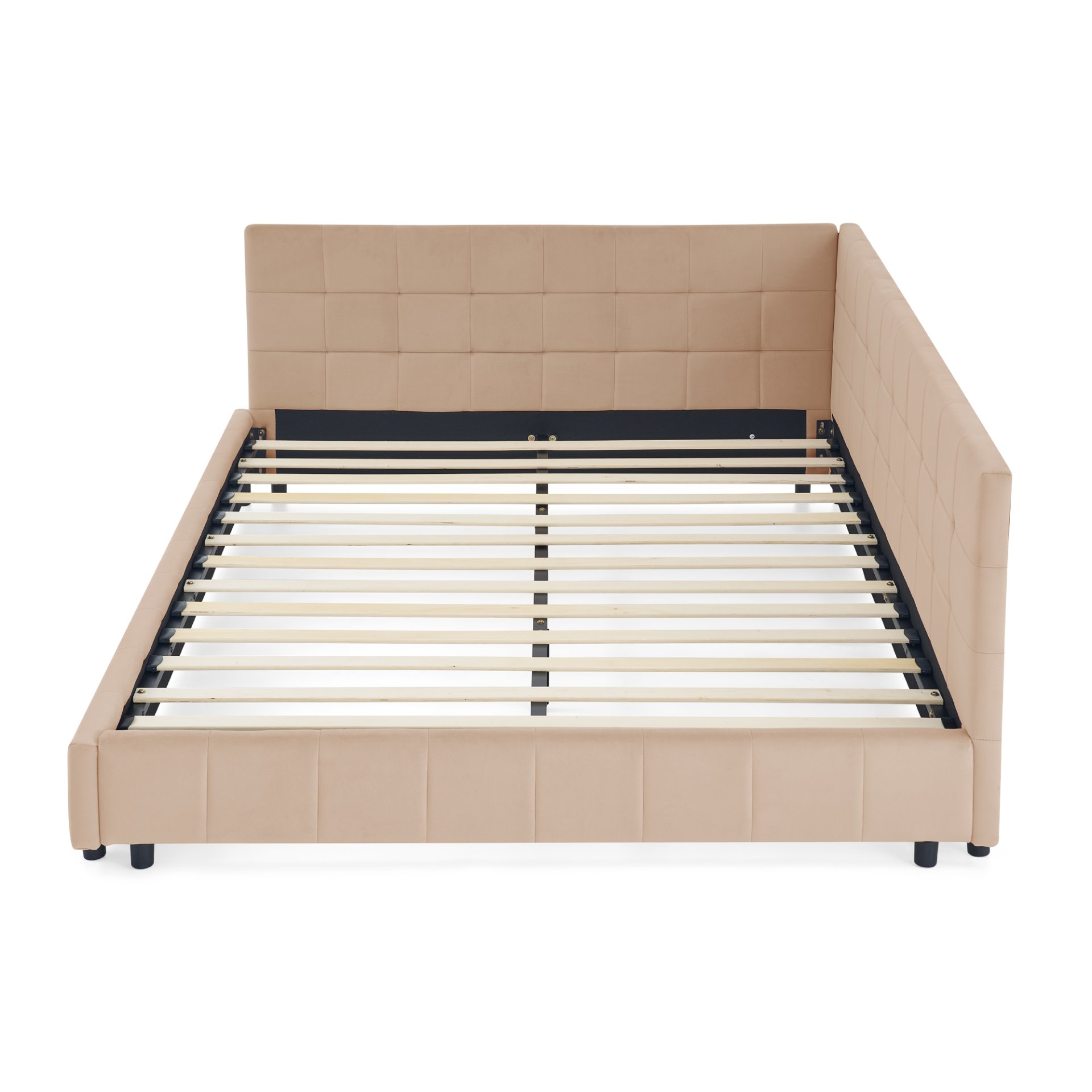 Mid Century Velvet Upholstered Tufted Queen Bed Frame With Backrest And Armrests - Pink - Image 8