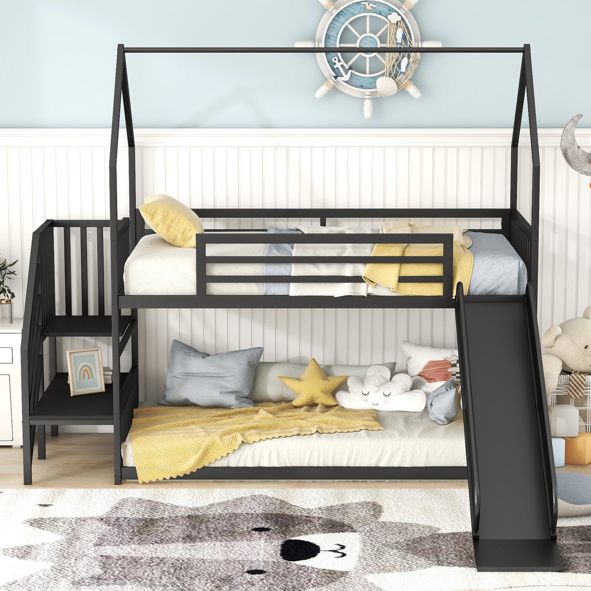 Twin Size Metal Bunk Bed House Bed With Slide And Staircase - Black - Image 4
