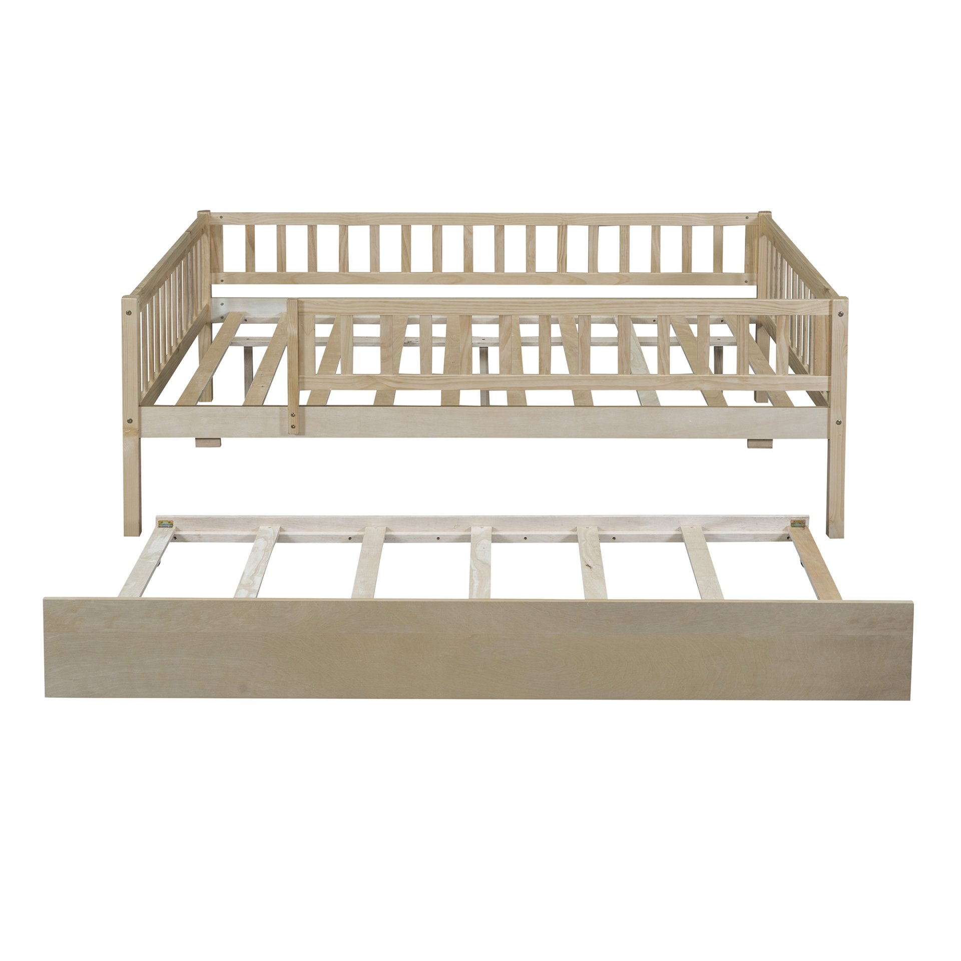 Full Size Daybed With Trundle And Fence Guardrails - Natural - Image 6