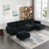 Elegant Velvet L - Shape Convertible Sectional Sofa With Movable Ottoman - Black - Image 10