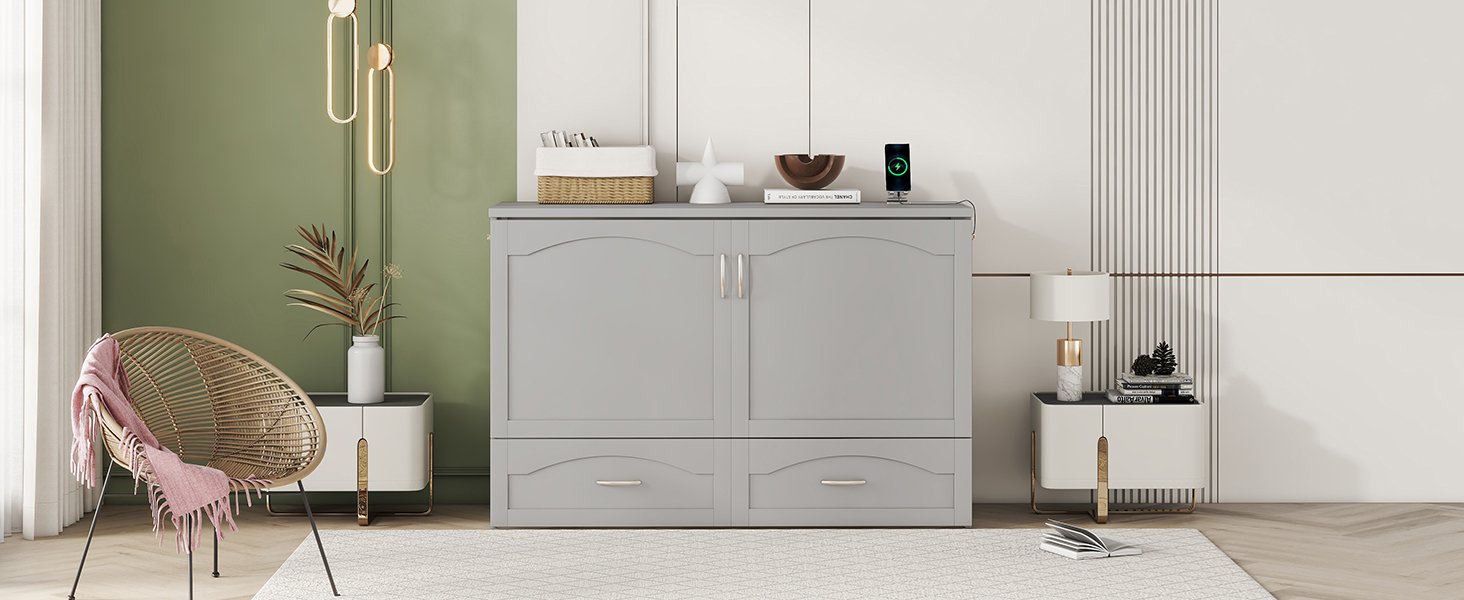 Queen Size Murphy Wall Bed With Drawer And A Set Of Sockets & USB Ports, Pulley Structure Design - Gray - Image 16