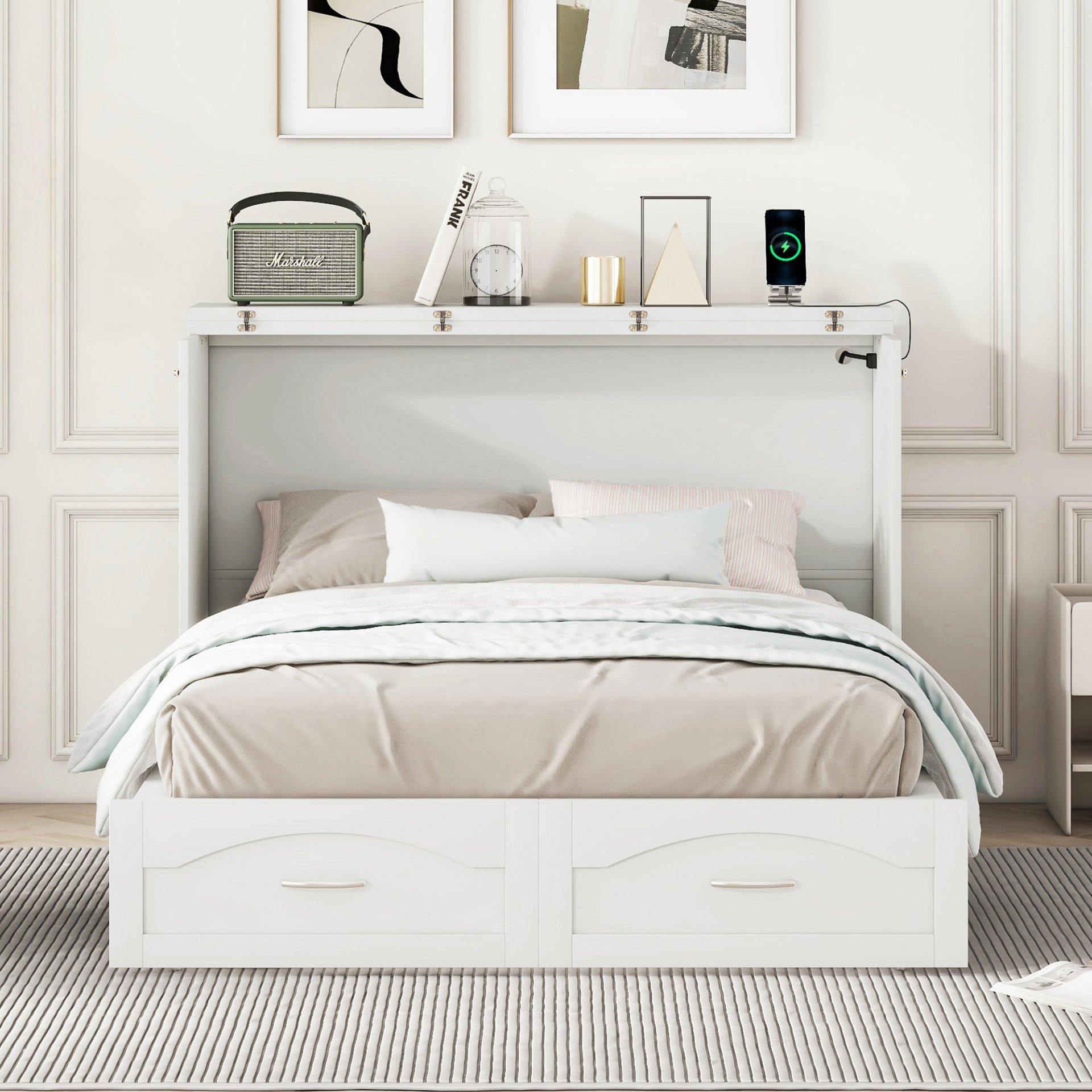 Full Size Murphy Wall Bed With Drawer And A Set Of Sockets & USB Ports, Pulley Structure Design - White - Image 2