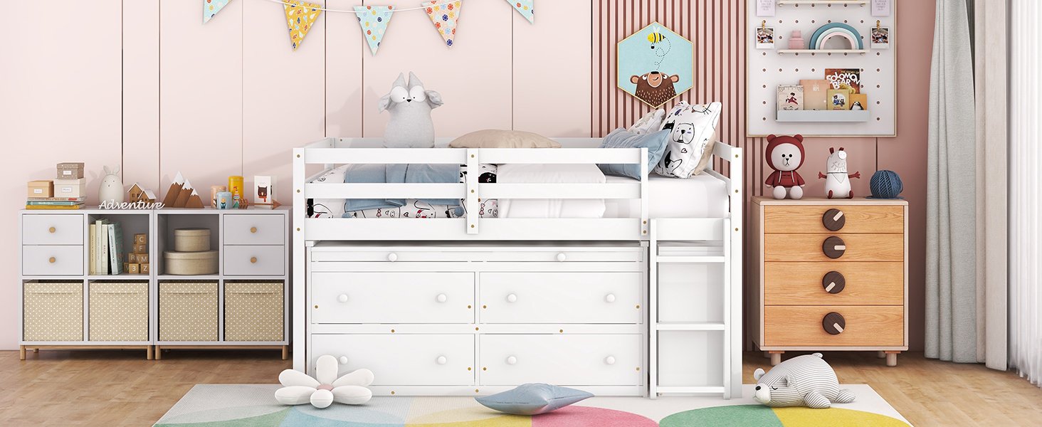 Full Size Loft Bed With Retractable Writing Desk And 4 Drawers, With Lateral Portable Desk And Shelves - White - Image 22