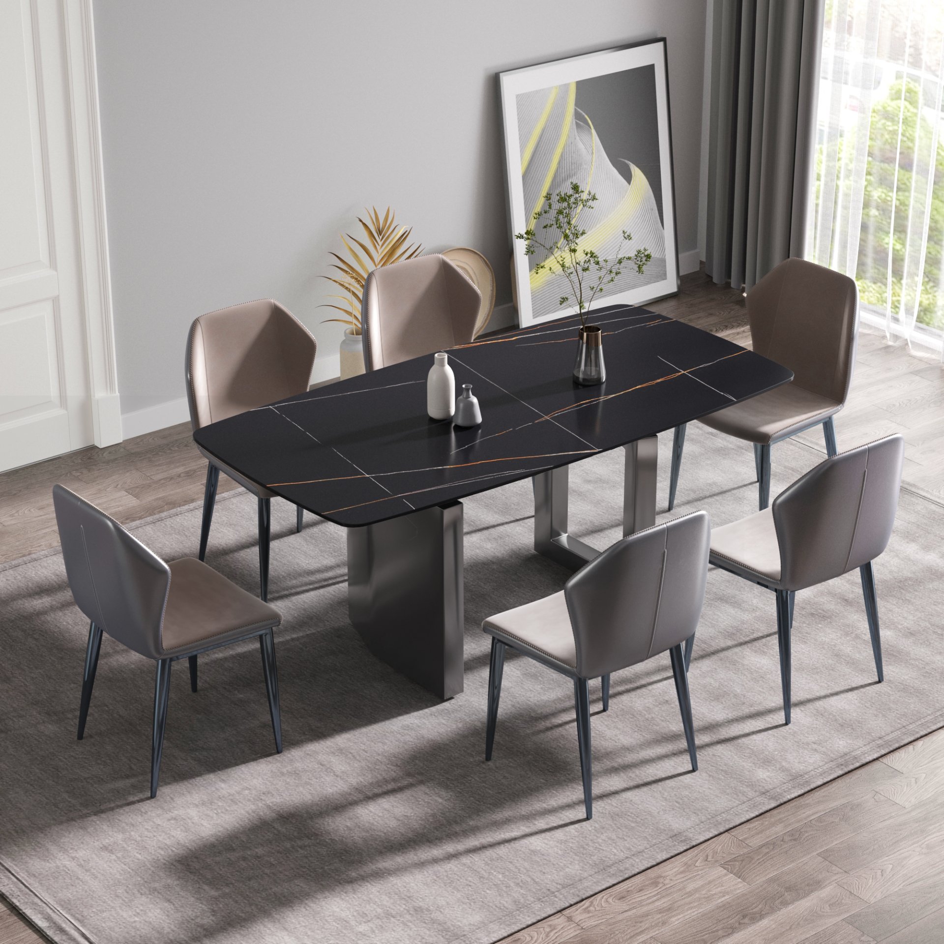 70.87" Modern Artificial Stone Dining Table, Can Accommodate 6-8 People - Black - Image 2