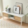 Rattan TV Cabinet With Variable Color Light Strip, Double Sliding Doors For Storage, Adjustable Shelf, Metal Legs, TV Console For Living Room - White - Image 4