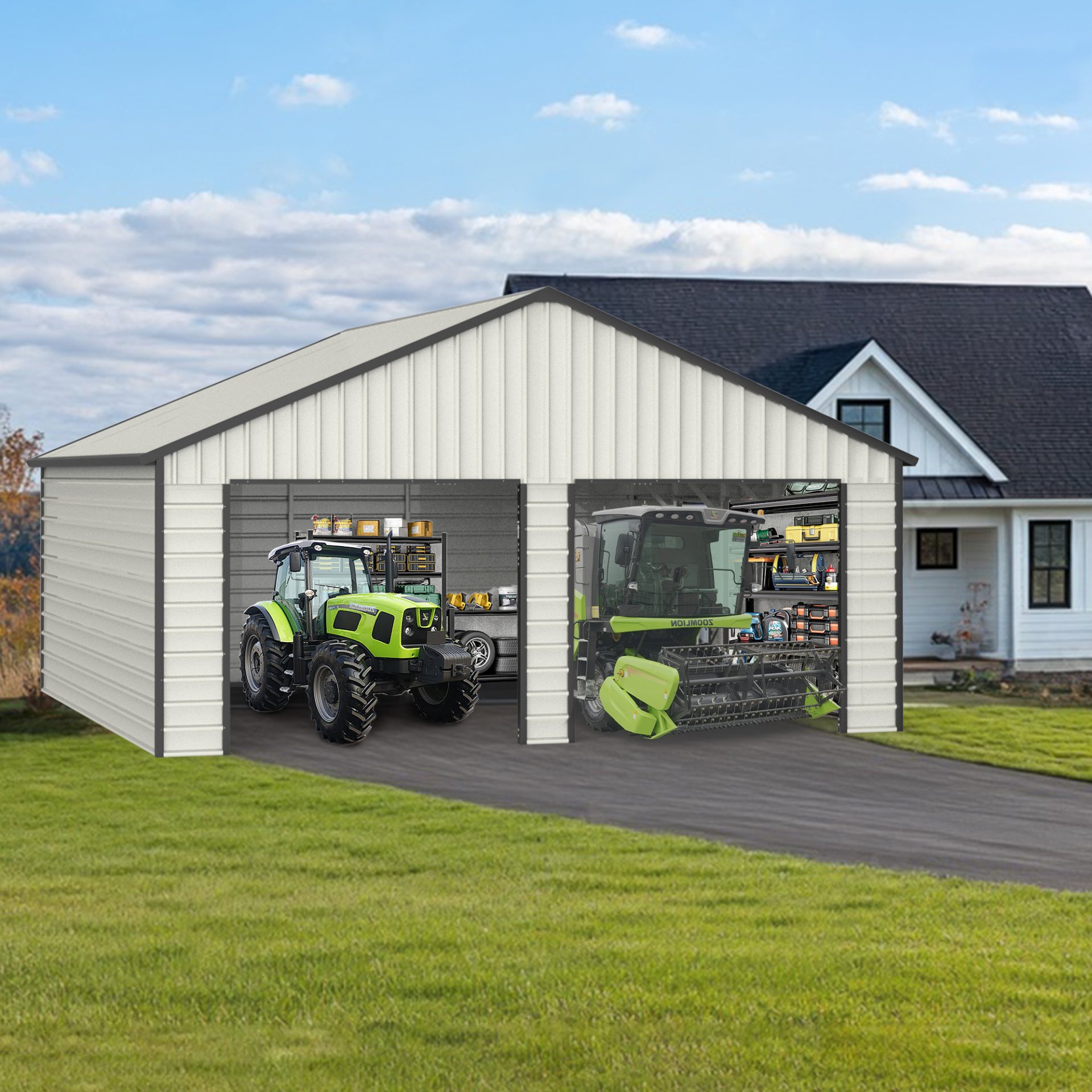 Double Garage Metal Shed With Side Entry Door, Can Storage Power Tools, Motorized Machinery, Farm Equipment, Pick Up Truck - Cream - Image 12