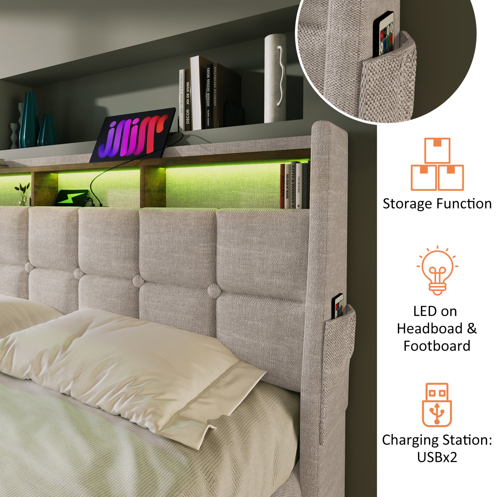Full Size Upholstered Platform Bed With A Hydraulic Storage System, LED And USB Charging (Without Mattress) - Natural - Image 10