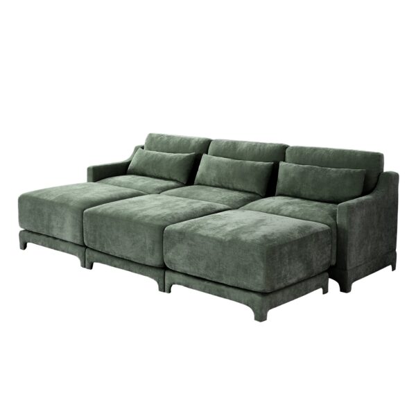 Ergonomic 3 Seater Sofa With Movable Ottomans And Lumbar Pillow Chenille With Wooden Base - Green