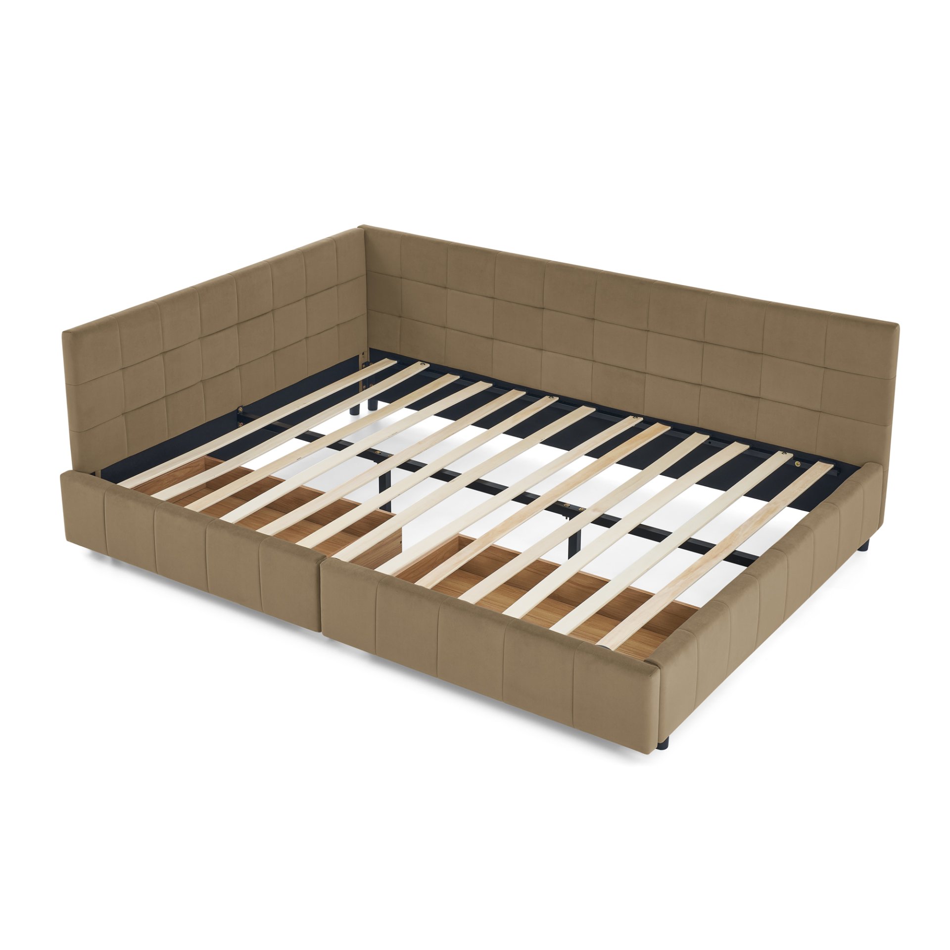 Mid Century Velvet Upholstered Tufted Queen Size Storage Bed Frame With Backrest And Armrests - Brown - Image 12