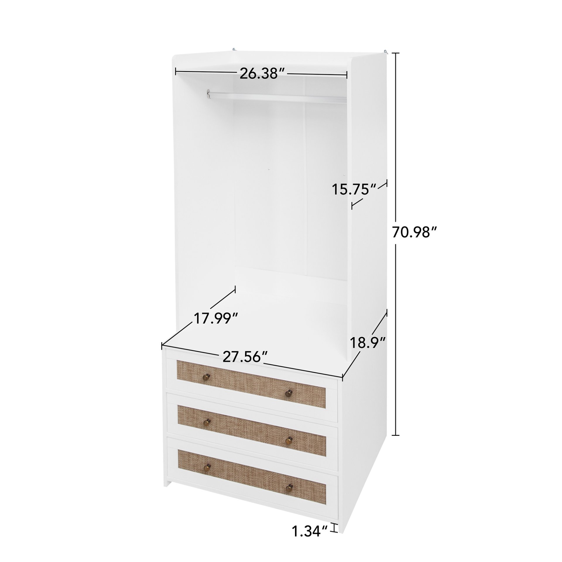 Wardrobe With 3 Drawers High Wardrobe Armoire With Rattan For Living Room Organizer - White - Image 3