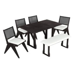 Modern 6 Piece Extendable Dining Table Set With 4 Wicker Back Upholstered Dining Chairs And Long Bench, 2 Removable Leaf - Espresso