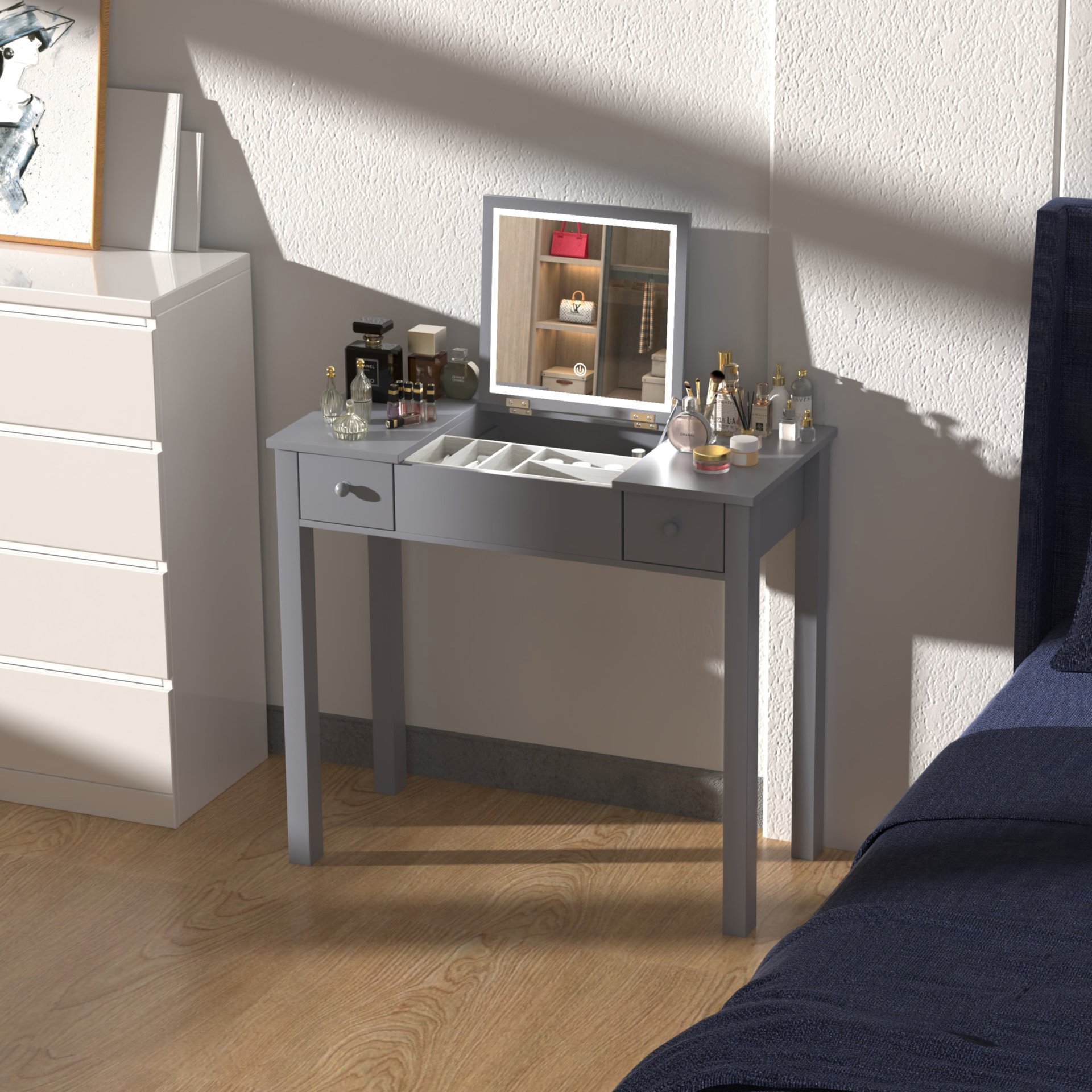 Vanity Table With LED Lights, Flip-Top Mirror And 2 Drawers, Jewelry Storage - Sleek Gray - Image 6