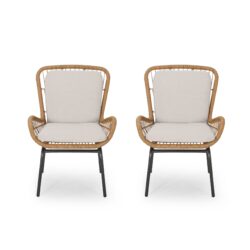 Outdoor Wicker Club Chair With Cushions (Set of 2) - Light Brown
