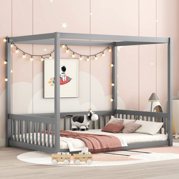 Full Size Canopy Frame Floor Bed With Fence, Guardrails - Gray