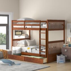 Twin Over Twin Bunk Bed With Ladders And 2 Storage Drawers - Walnut