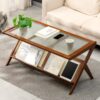 Rattan Coffee Tables For Living Room, Mid Century Modern Coffee Table With Glass Top, Large Boho Center Table With Storage - Brown - Image 6