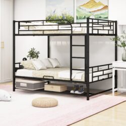 Full Over Full Bunk Bed With Shelf And Guardrails - Black