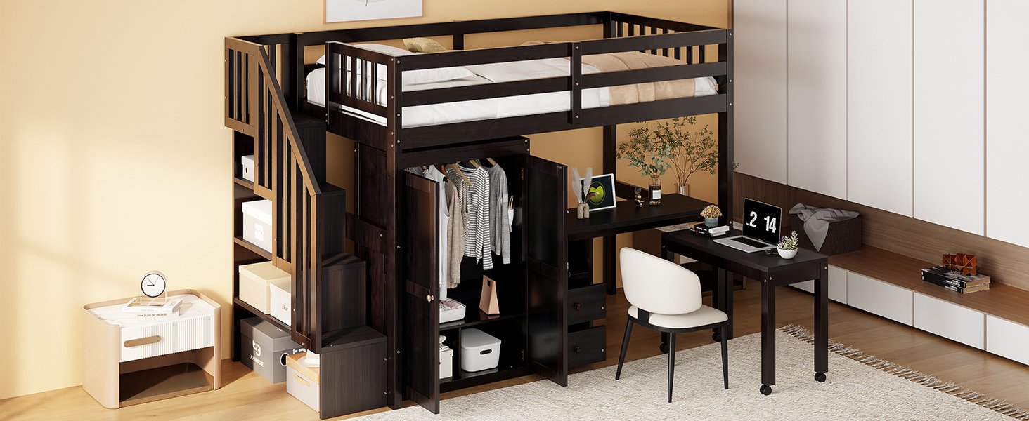 Twin Size Loft Bed With Stairs, Bookshelf, Drawers, Desk & Wardrobe, Space Saving Multifunctional Furniture - Espresso - Image 20