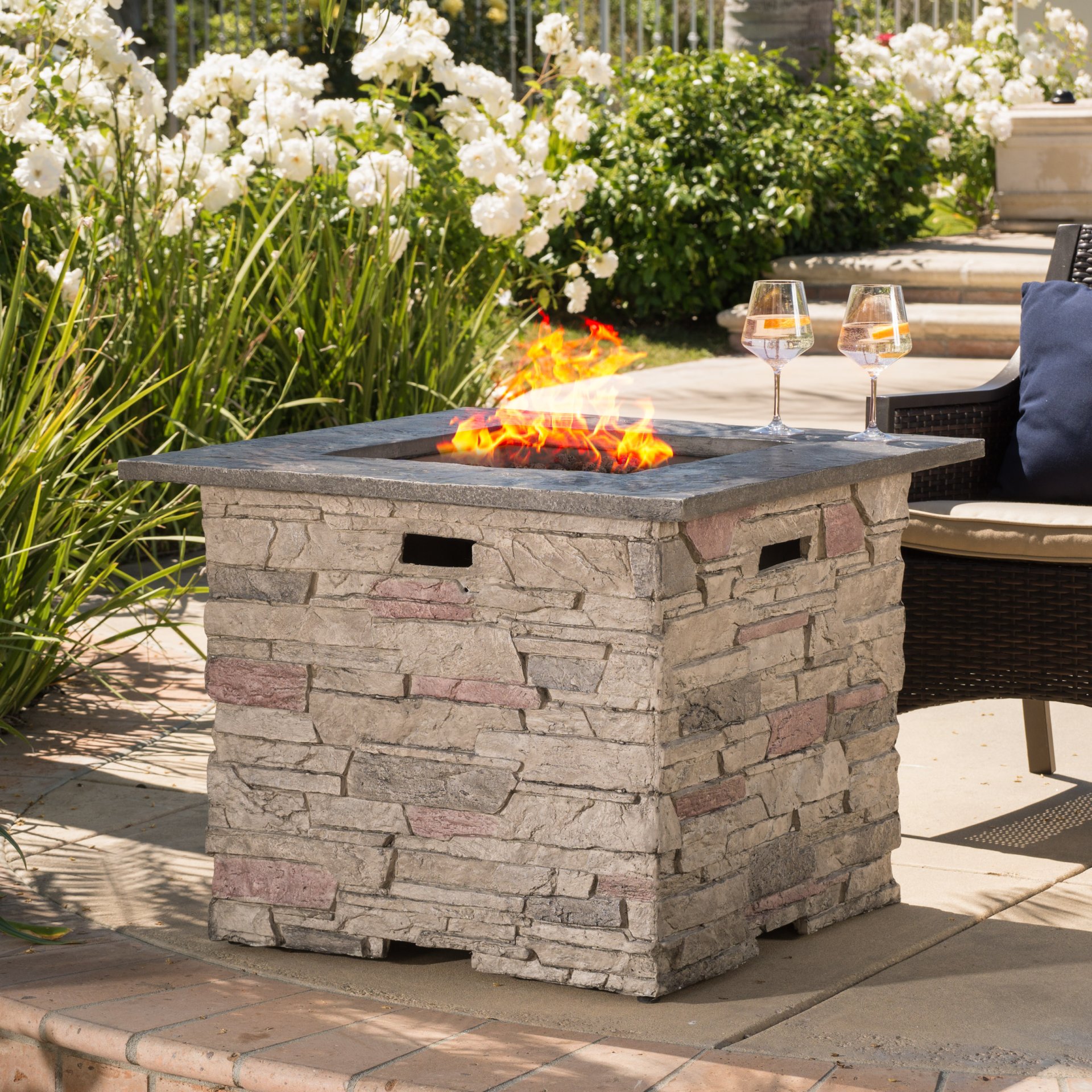 Classic Design Square Fire Pit With Top And 40, 000 Btu Heat Output - Stone Gray - Image 2