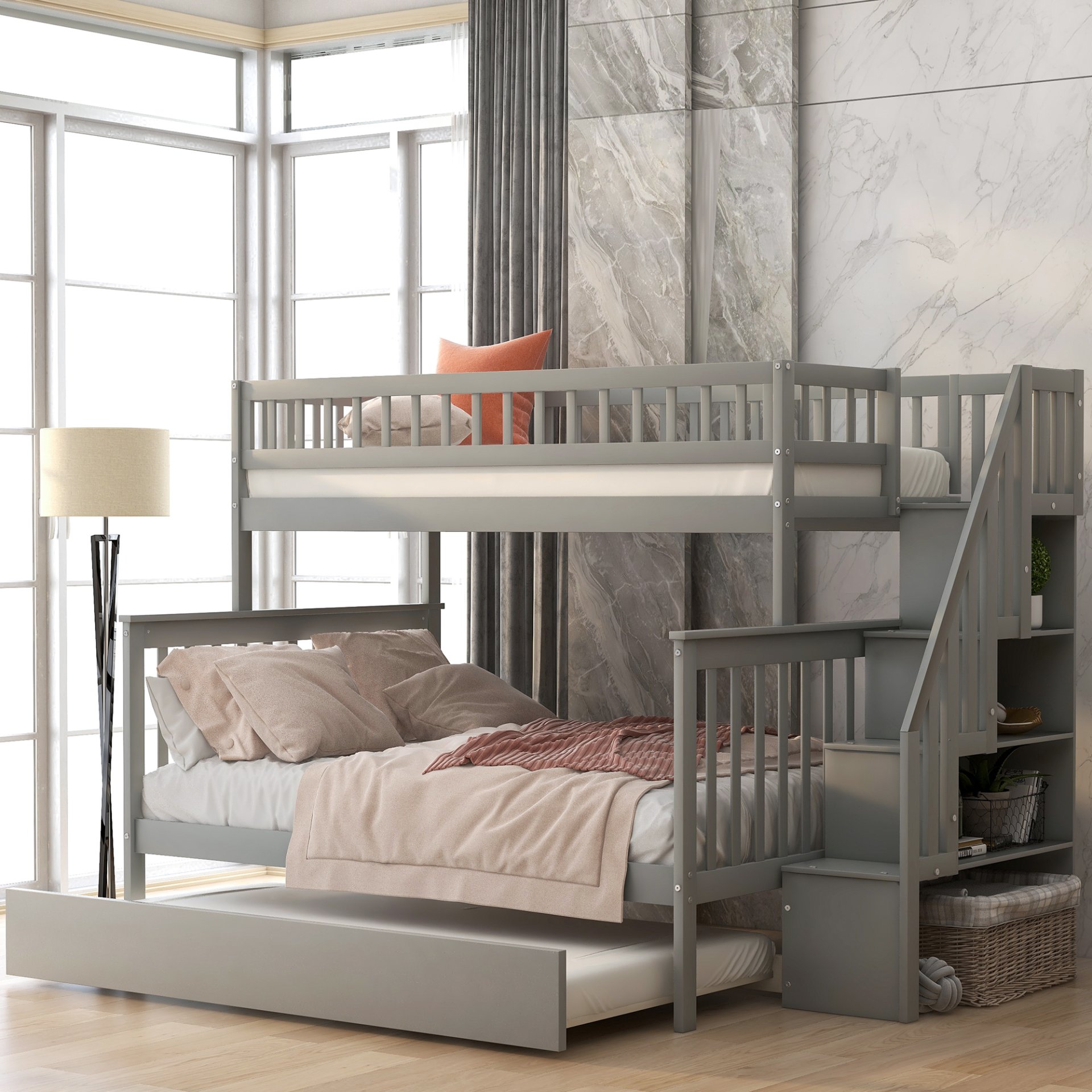 Twin Over Full Bunk Bed With Trundle And Staircase - Gray - Image 2