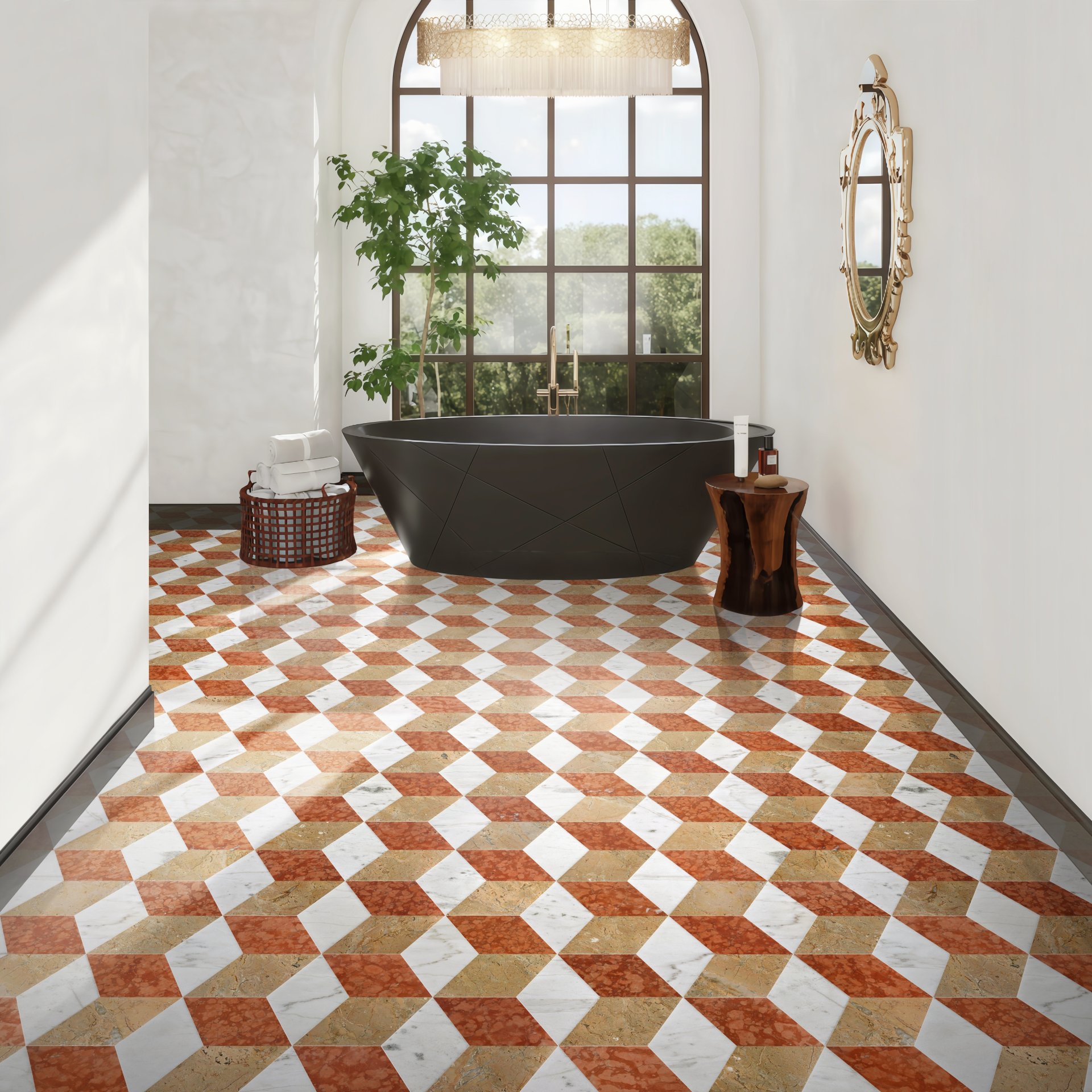 Hexagon Water Jet Marble Tiles For Floor And Wall Polished Stone - Red / White / Gold - Image 7