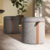 Brandy - Round Upholstered Storage Ottoman With Leather Accent - Gray - Image 8