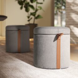 Brandy - Round Upholstered Storage Ottoman With Leather Accent - Gray