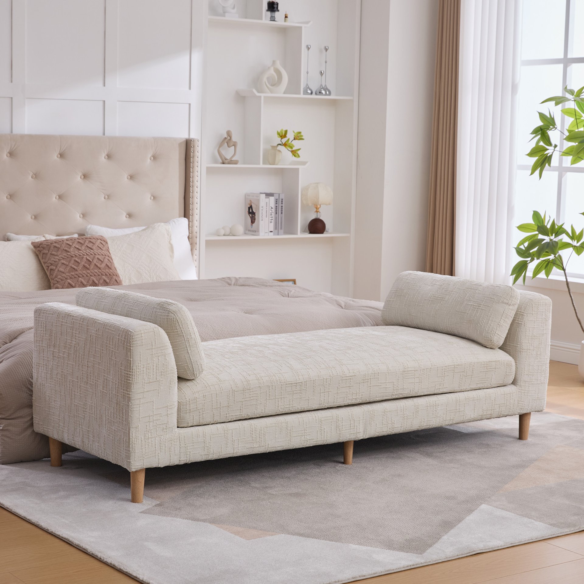Modern Upholstered End Of Bed Bench With Armrests, Chenille Chaise Lounge Couch With Bolster Pillows, Rubberwood Legs - Beige - Image 5