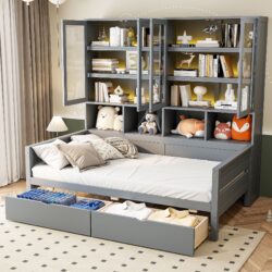 Twin Size Daybed With Glass Door Storage Cabinets, Built In LED Lighting And Shelves - Gray