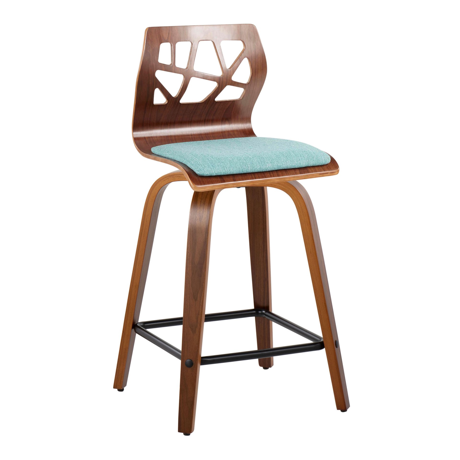 Folia - Mid-Century Modern Fixed Height Counter Stool With Swivel With Square Footrest (Set of 2) - Walnut / Teal - Image 2