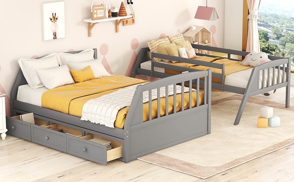 Twin Over Full Bunk Bed With Drawers, Ladder And Storage Staircase - Gray - Image 14