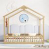 Double Twin House-Style Floor Bed With Fence, Guardrails, Without Door - Natural - Image 7