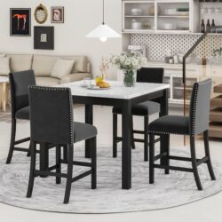 5-Piece Counter Height Dining Table Set With One Faux Marble Top Dining Table And Four Velvet Upholstered Chairs - Black