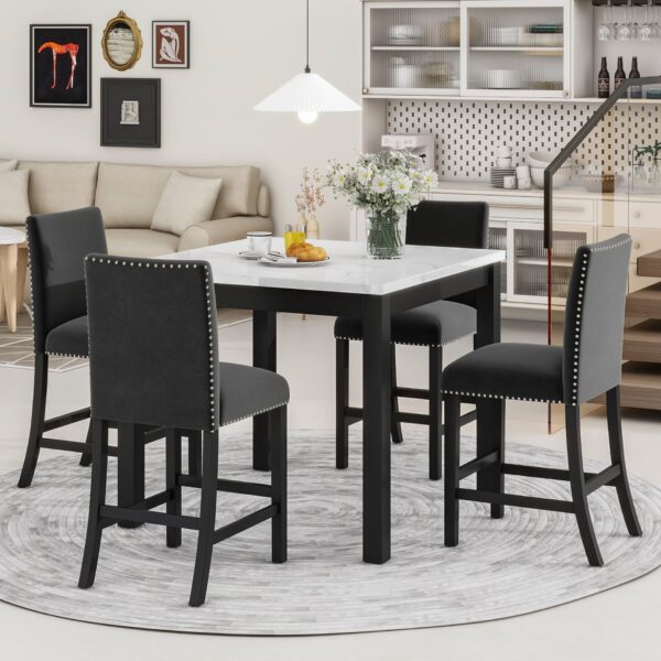 5-Piece Counter Height Dining Table Set With One Faux Marble Top Dining Table And Four Velvet Upholstered Chairs - Black