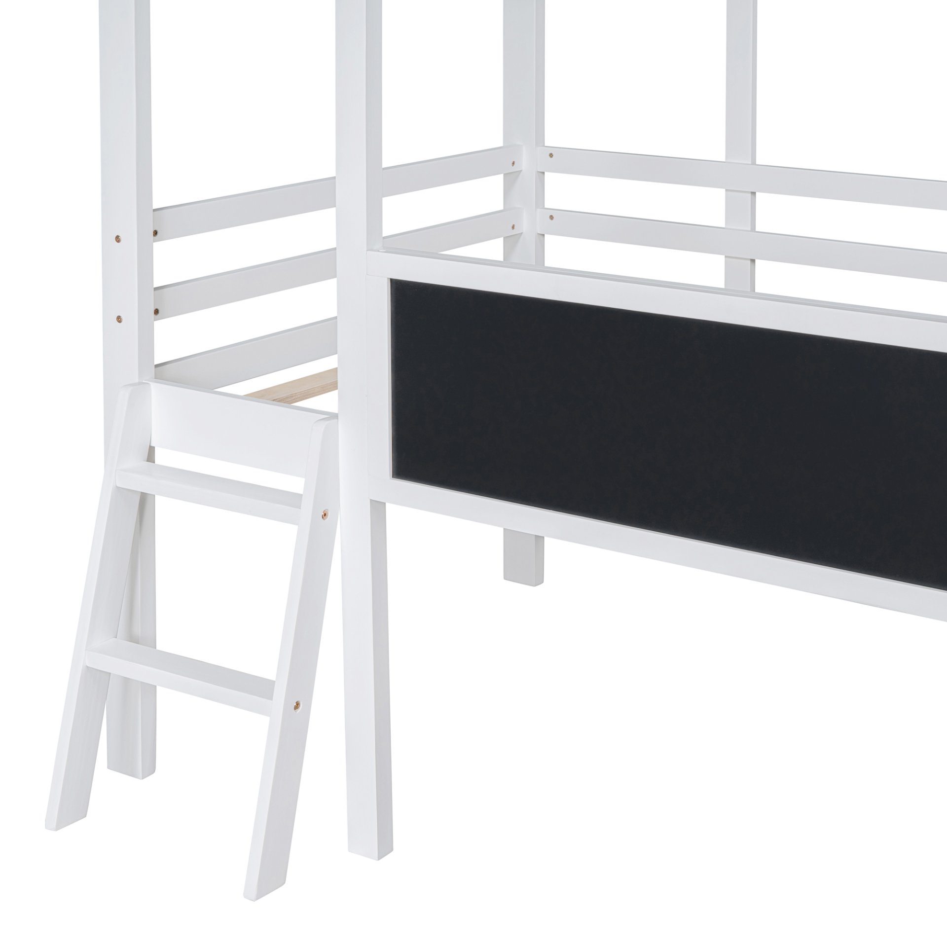 Twin Size Loft House Bed With Ladder And Slide, With Blackboard And Light Strip On The Roof - White - Image 14