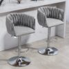 360 Degree Swivel Bar Stools Adjustable Counter Height Bar Chairs With Woven Back & Footrest, Silver Chromed Bar Stools For Kitchen Island (Set of 2) - Gray - Image 8