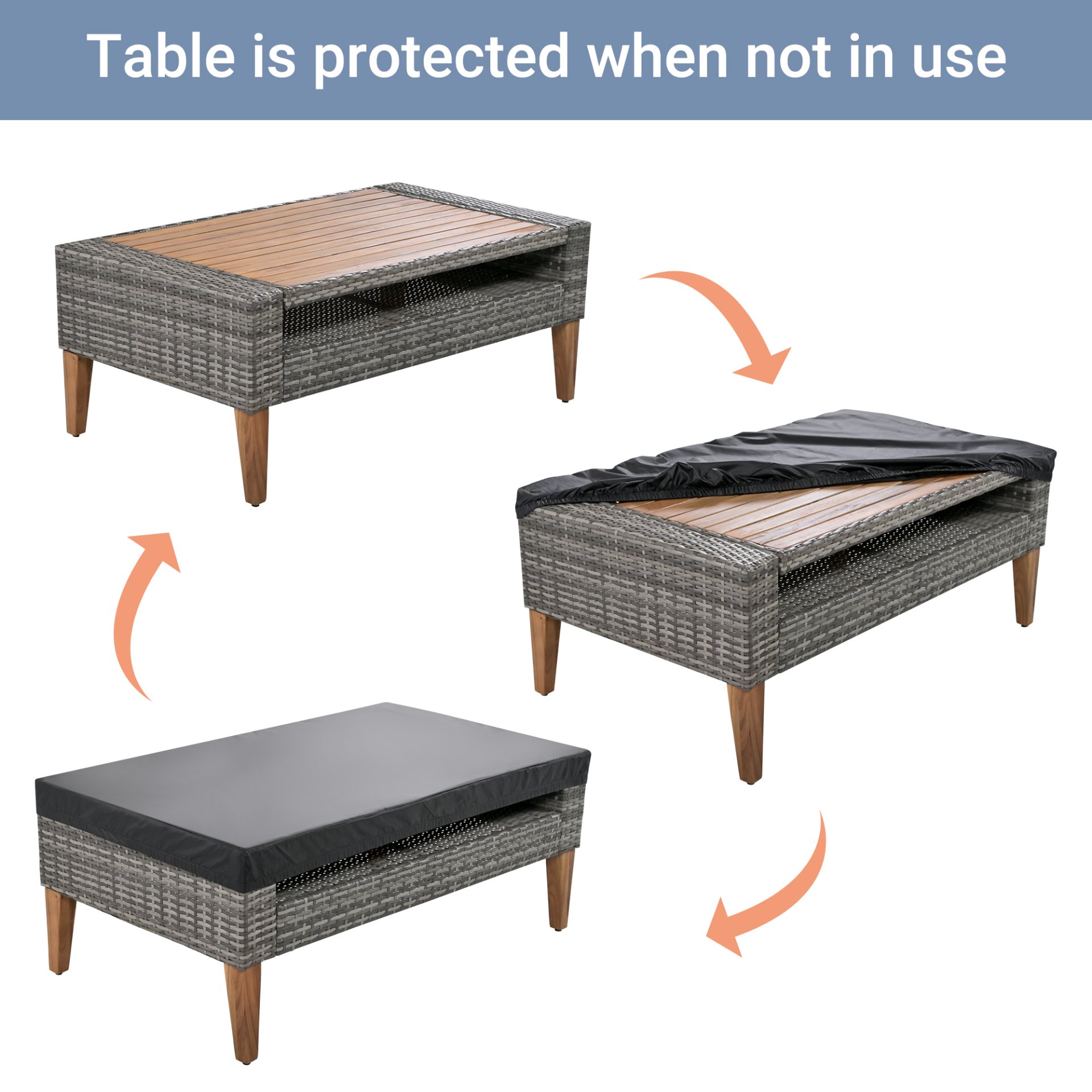 6 Pieces All Weather Sofa Set, Outdoor Rattan Sofa With Double Cushions, Wood Legs Wood Table Top - Beige / Gray - Image 7