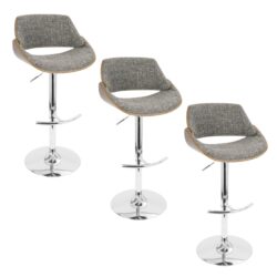 Fabrizzi - Mid-Century Modern Adjustable Barstool With Swivel With Rounded T Footrest (Set of 3) - Chrome / Walnut / Gray