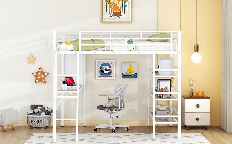 Full Size Loft Bed With 3 Layers Of Shelves And Desk, Stylish Frame Bed - White - Image 13