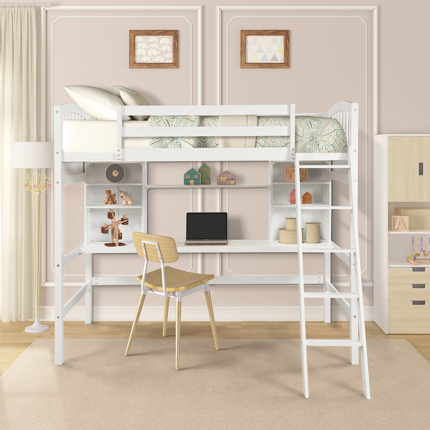 Twin Size Loft Bed With Storage Shelves, Desk And Ladder - White - Image 4