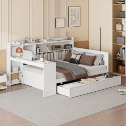 Full Size Daybed With 3 Drawers USB Ports And Desk - White