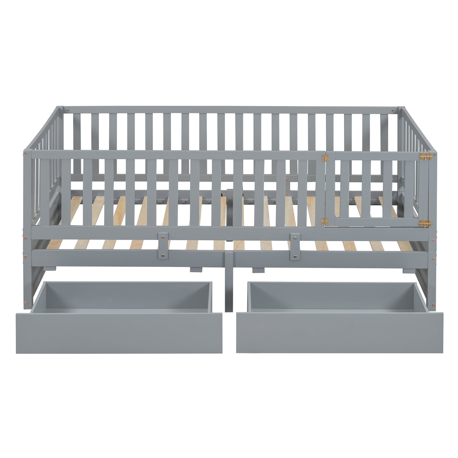 Twin Size Daybed With Fence Guardrails And 2 Drawers, Split Into Independent Floor Bed & Daybed - Gray - Image 11