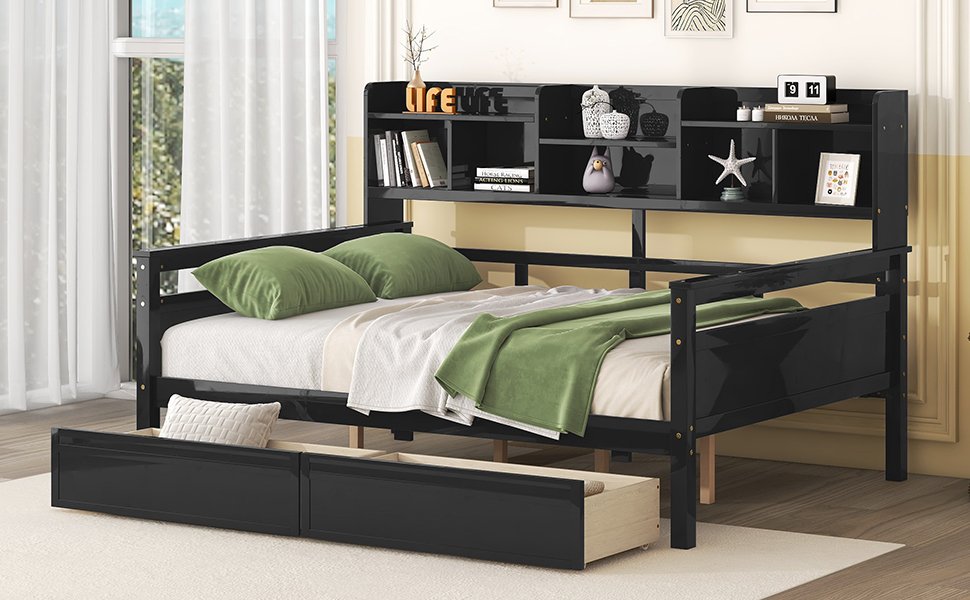 Full Size Daybed, Slat Support, With Bedside Shelf And Two Drawers - Espresso - Image 13