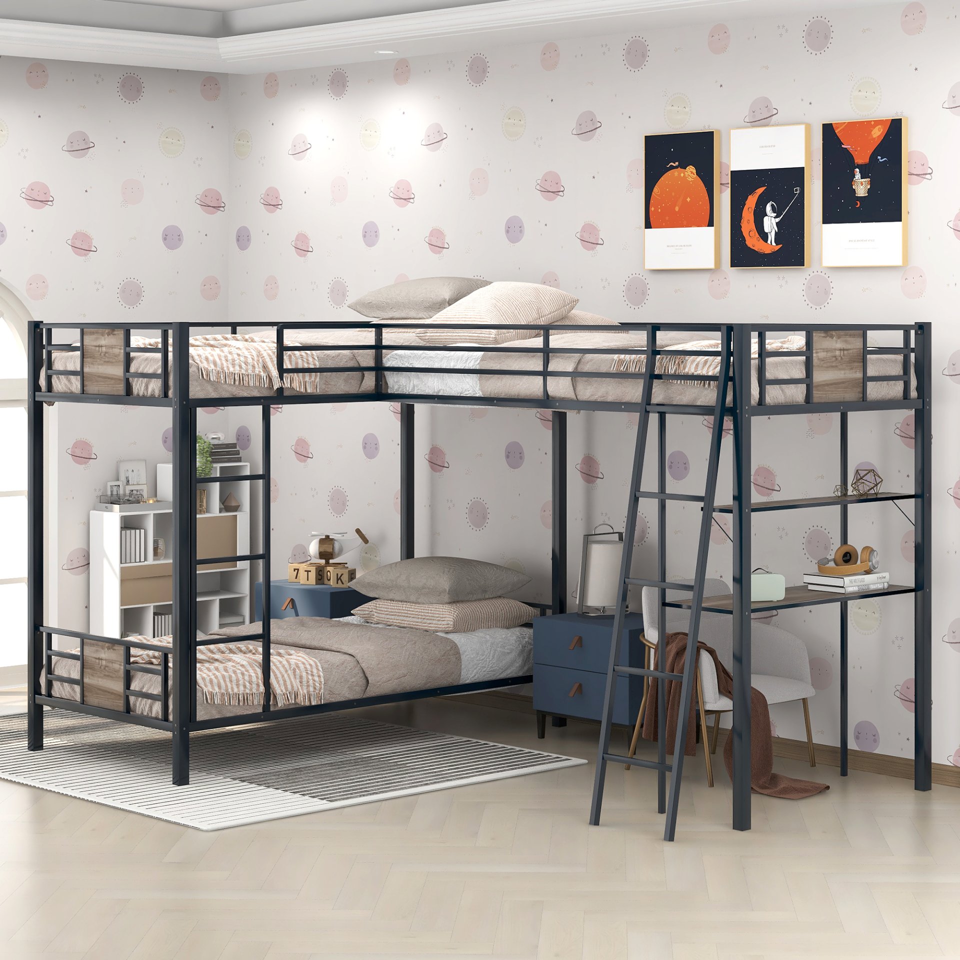 L-Shaped Twin Over Twin Bunk Bed With Twin Size Loft Bed With Desk And Shelf - Brown - Image 2