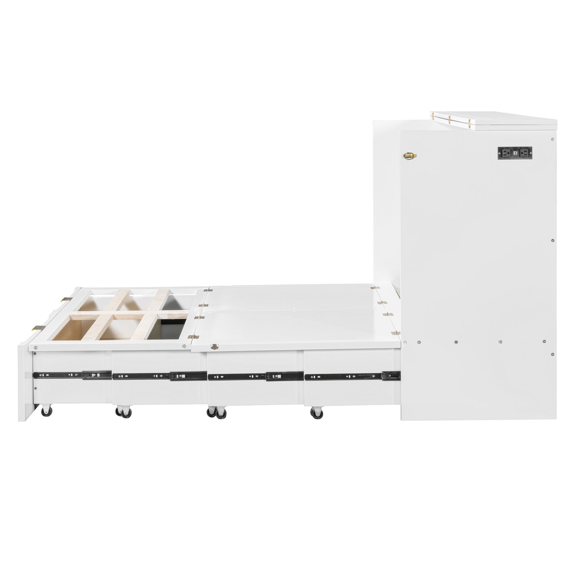 Full Size Murphy Bed With Drawer And A Set Of Sockets & USB Ports, Pulley Structure Design - White - Image 12