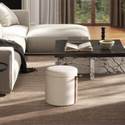 Brandy - Round Upholstered Storage Ottoman With Leather Accent - Flax White